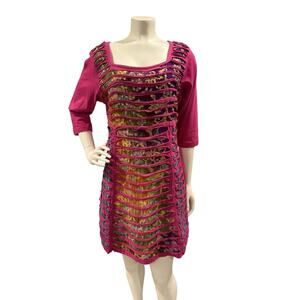 Rising International Dress Hot Pink Abstract Slashes To Inlay SZ L Hippie Boho